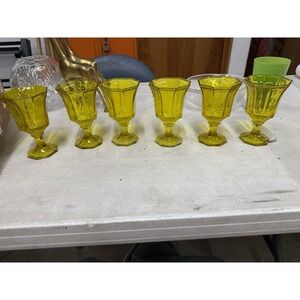 Vintage Amber Yellow Glass Goblets Set of 6 Octagon Panel Stemware